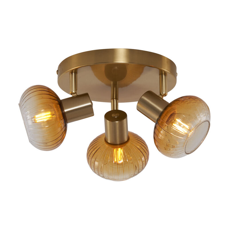 Qazqa Modern Ceiling Spotlight Gold With Amber Glass Round 3-light - Teddy