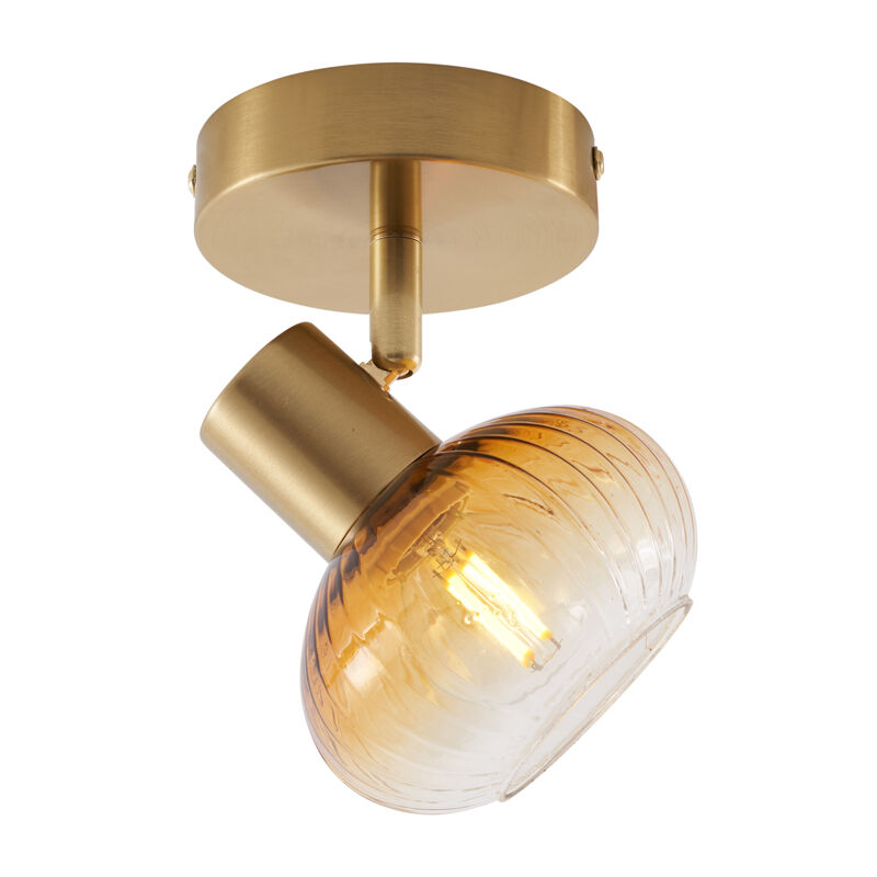 Qazqa Modern Ceiling Spotlight Gold With Round Amber Glass - Teddy