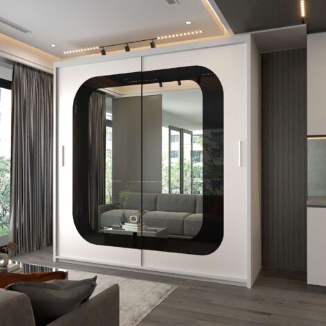 Modern Chelsea 2 Sliding Door Wardrobes with Mirror - White/Black 203cm