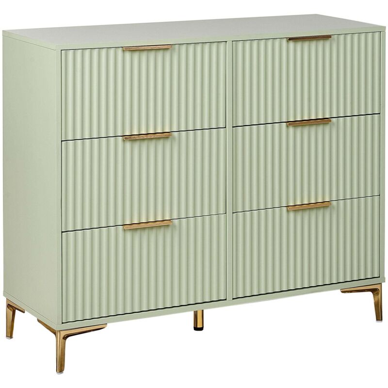 Beliani Modern Chest Of Drawers Mdf 6 Drawers Metal Legs Handles Fluted Handles Green Walcott