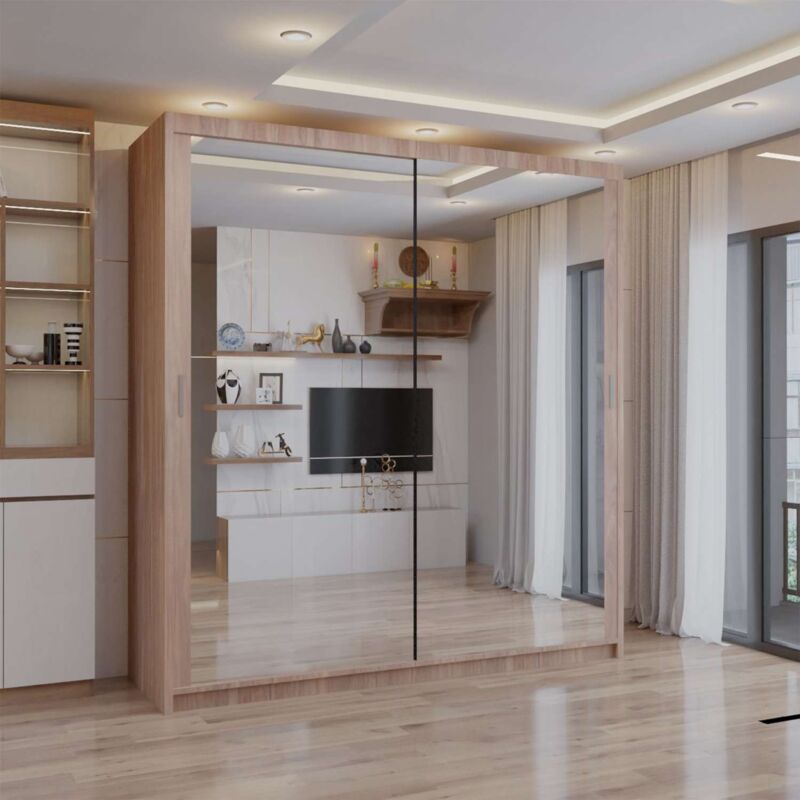 Sliding Wardrobes 4U Modern Chicago Double Sliding Door Wardrobe Mirror - Walnut150cm