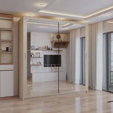 Modern Chicago Double Sliding Door Wardrobe Mirror - Oak120cm