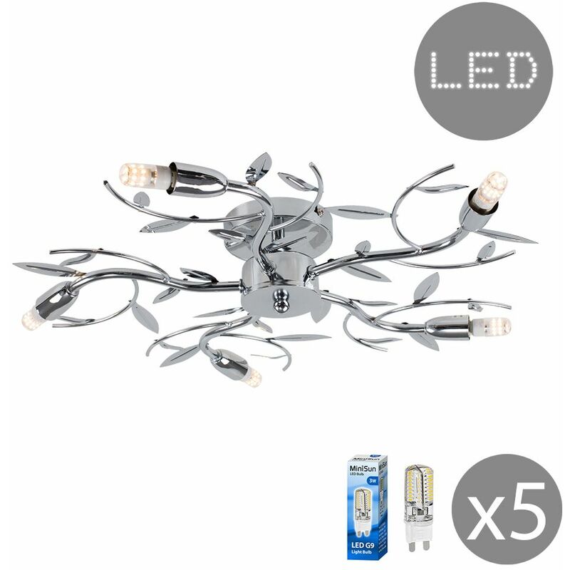 Minisun - Chrome 5 Way Flush Leaf Chandelier Lamp - Add LED Bulbs