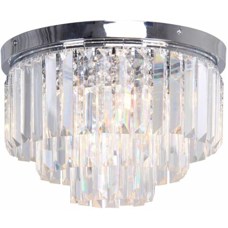 Modern Chrome & Crystal 3 Tier Flush Chandelier - Polished chrome plate with clear crystal glass detail