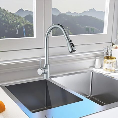 Modern Chrome Kitchen Sink Tap with Pull Out Dual Spray Single Lever 360° Swivel Kitchen Mixer Tap