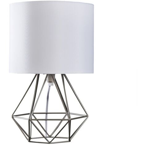 Modern Chrome Metal Cage Table Lamp + White Fabric Shade