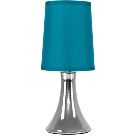 Modern Chrome Trumpet Touch Table Lamp With Turquoise Teal Fabric Shade