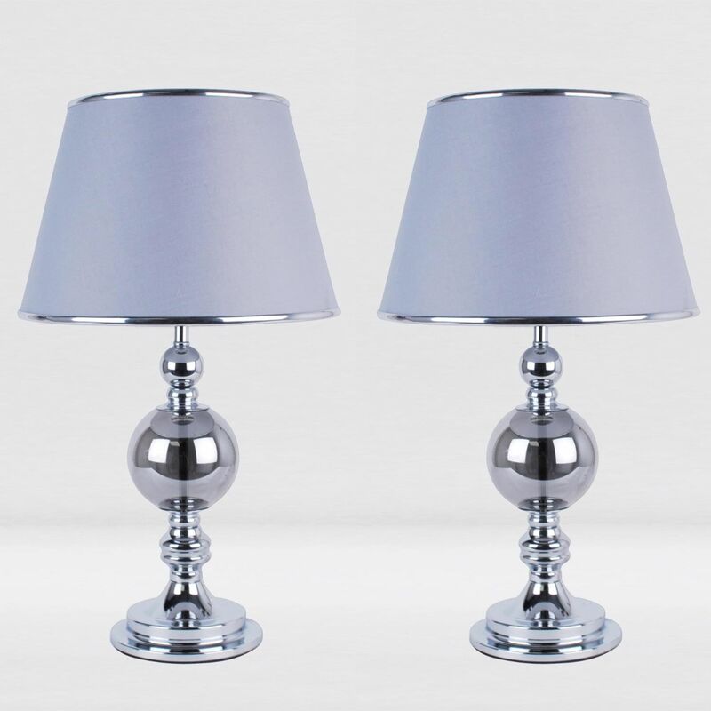 Set of 2 Chrome and Smoked Glass Table Lamps with Grey Shades
