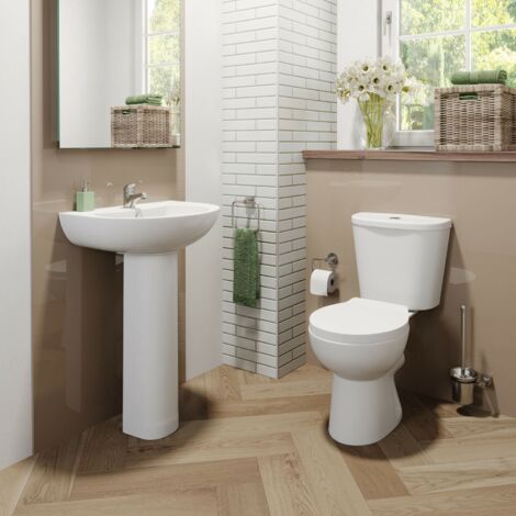 Modern Close Coupled Toilet & Basin Bathroom Cloakroom Set Ceramic Pedestal Sink