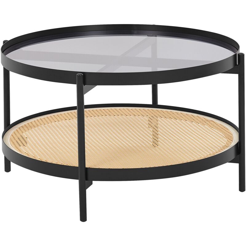 Beliani - Modern Coffee Table Glass Tabletop Metal Frame 1 Shelf Round Viennese Braid Light Wood Ø 80 Cm Reno