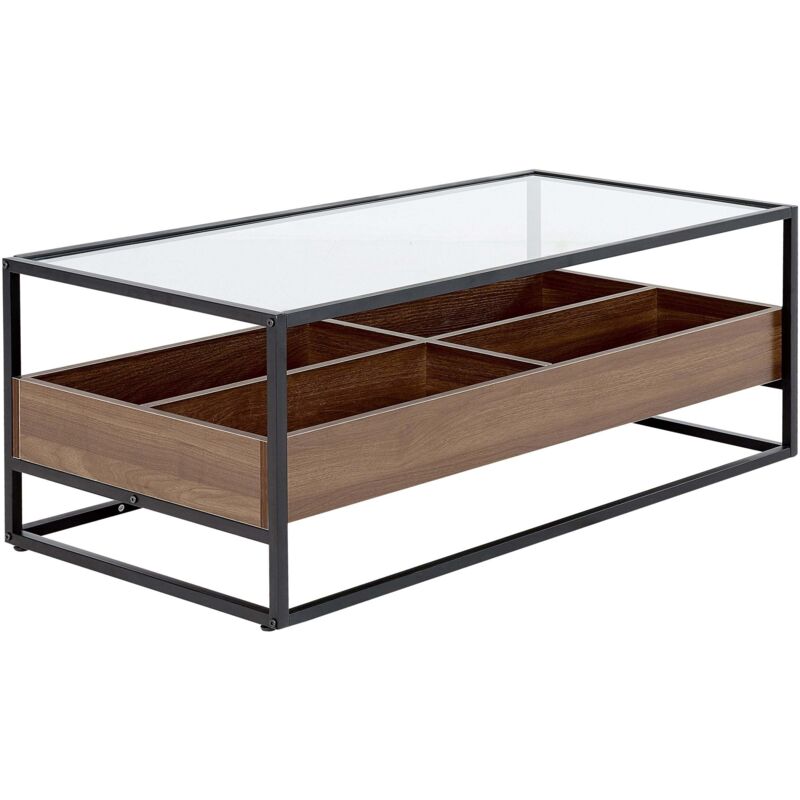 Beliani - Modern Coffee Table Glass Tabletop Storage Function Metal Frame Dark Wood 110 X 55 Cm Waco