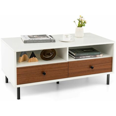 Modern Coffee Table Rectangle Side Table Woode Tea Table w/2 Drawers & 2 Shelves