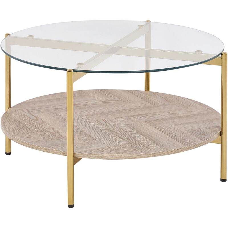 Beliani Modern Coffee Table Tempered Glass Tabletop Metal Frame Round 1 Shelf Light Wood Gold Ø 80 Cm Lovell