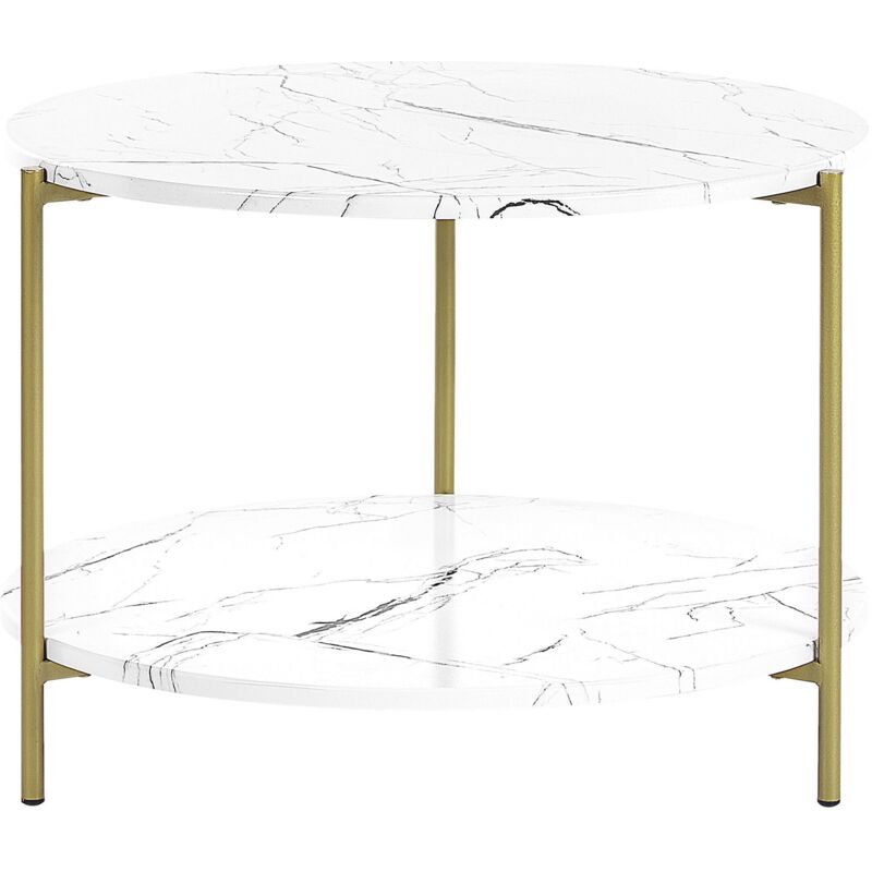 Beliani - Modern Coffee Table With Shelf Metal Legs Marble Effect White With Gold ⌀ 60 Cm Reva