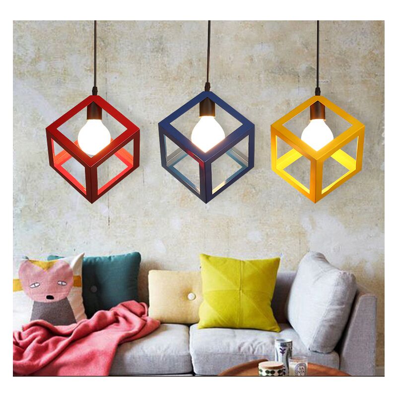 Modern Colorful Pendant Light Cube Shape Hanging Light Vintage Retro Ceiling Lamp (7 Colors To Choose)-Red
