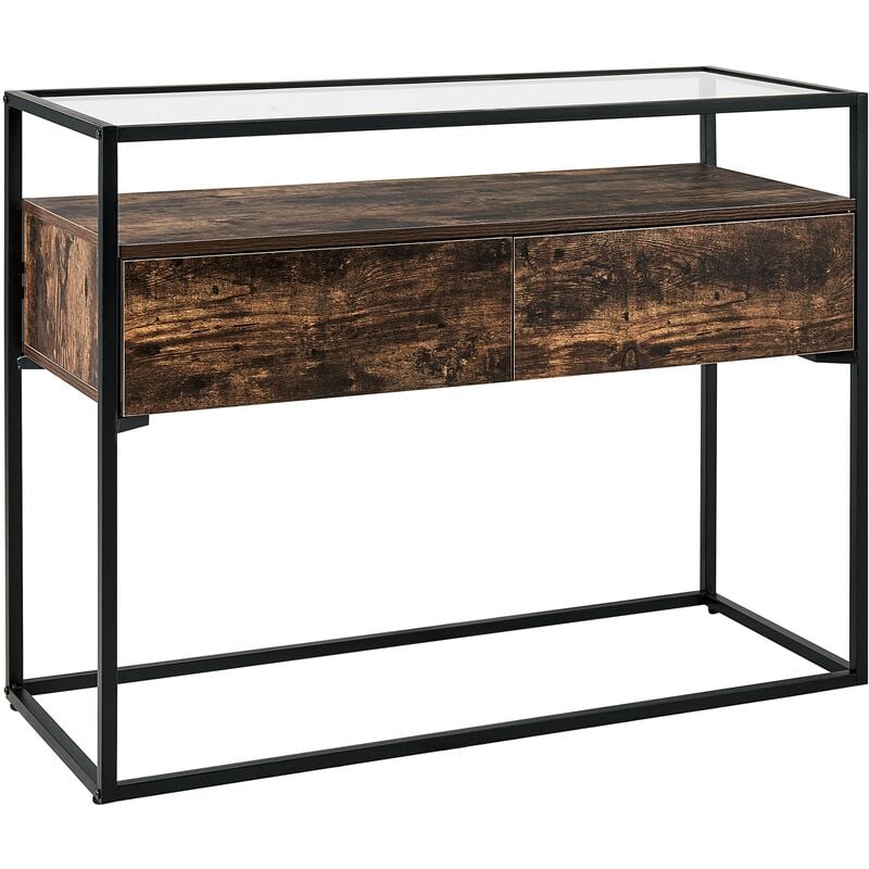 Modern Console Table Glass Tabletop Metal Frame 2 Drawers Dark Wood Mauk - Dark Wood