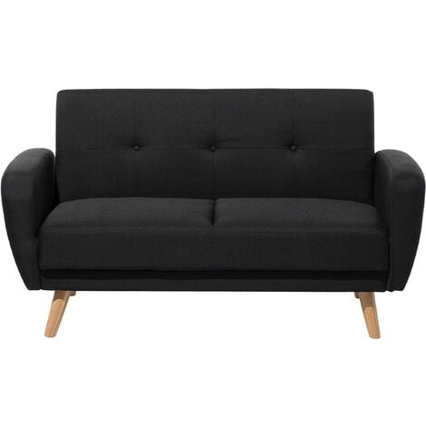 Modern Convertible Sofa Bed 2 Seater Black Fabric Tufted Wood Legs Retro Florli - Black
