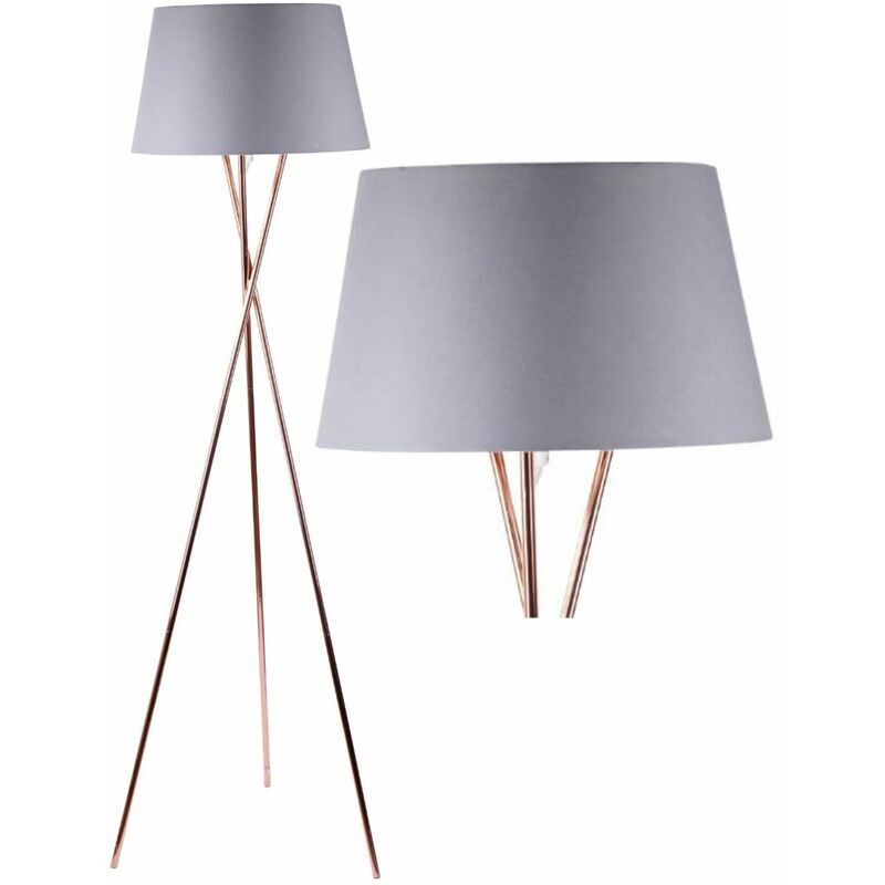 Copper Tripod Floor Lamp with Grey Fabric Shade