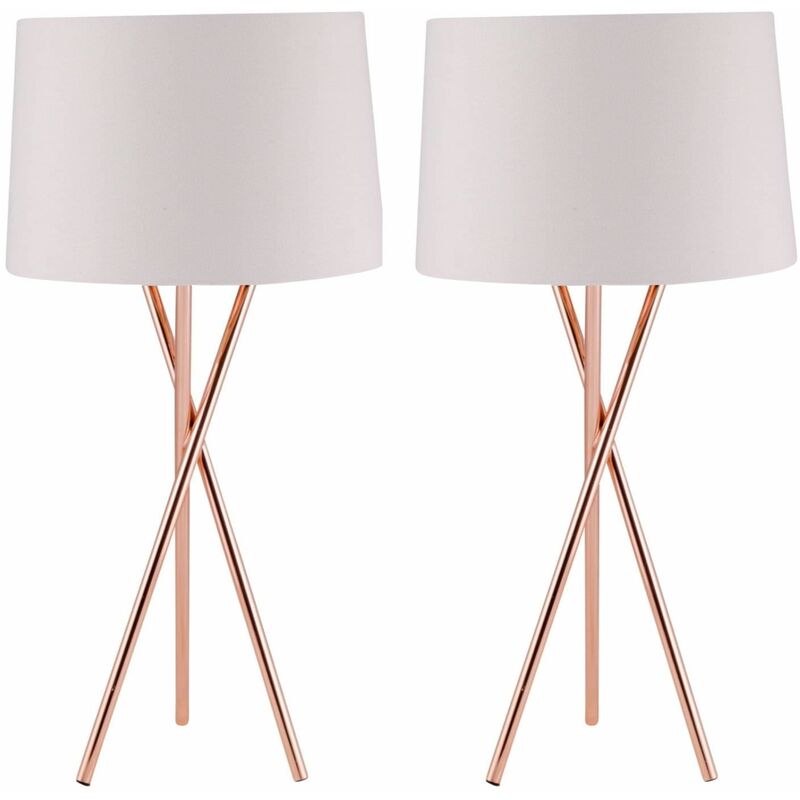 Pair Copper Tripod Table Lamp with White Fabric Shade
