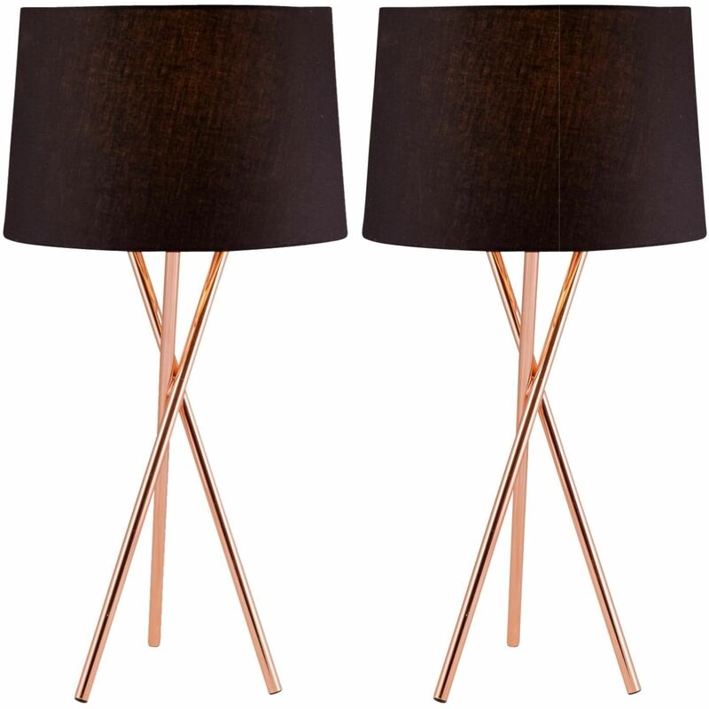 Pair Copper Tripod Table Lamp with Black Fabric Shade