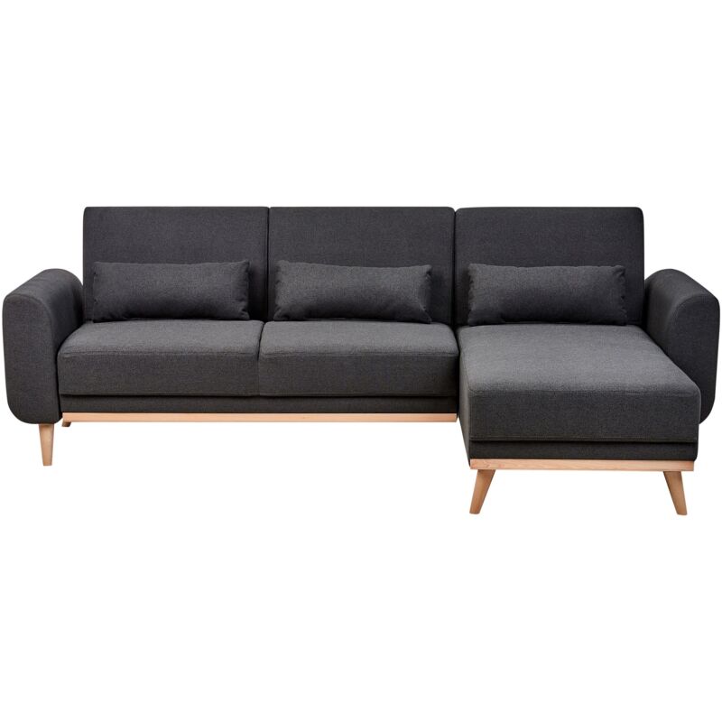 Beliani - Modern Corner Sofa Bed Left Hand Fabric Polyester Upholstery Light Wooden Legs Extra Pillows Black Ollsta