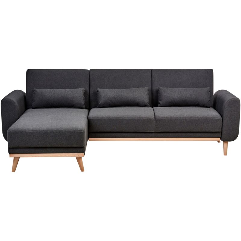Beliani - Modern Corner Sofa Bed Right Hand Fabric Polyester Upholstery Light Wooden Legs Extra Pillows Black Ollsta
