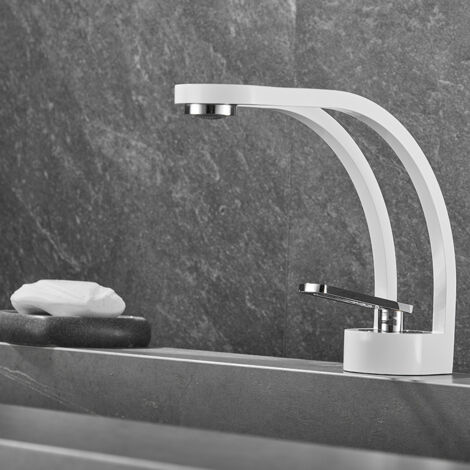 Modern Creative Design Bathroom Faucet, Black Sink Faucet, Bathroom Mixer Tap Single Hole Sink Faucet, Brass (White-Silver)