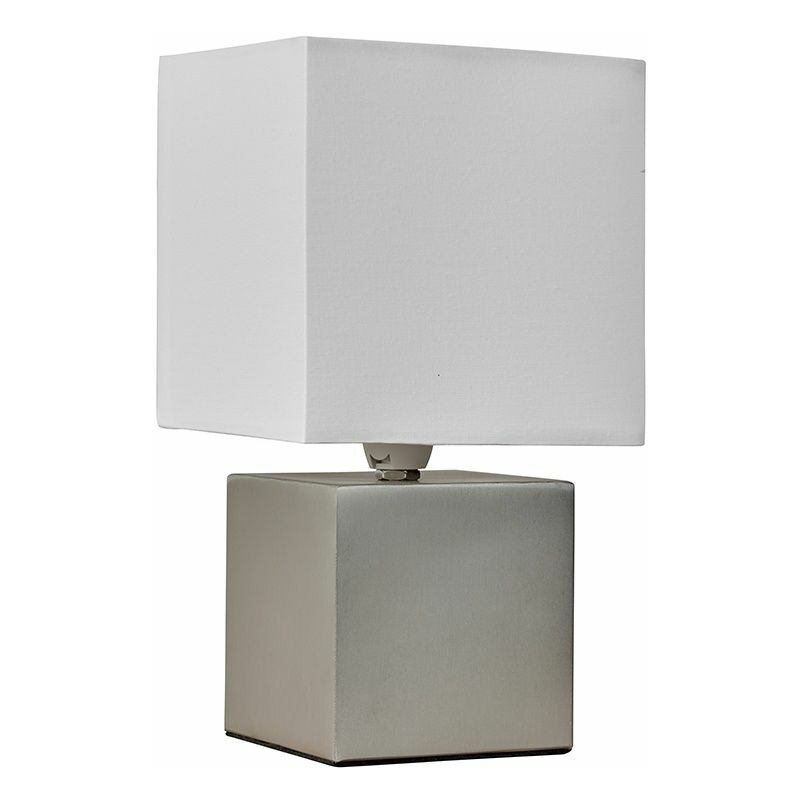 Modern Cube Touch Dimmer Bedside Table Lamp With A Cotton Light Shade - Brushed Chrome & White
