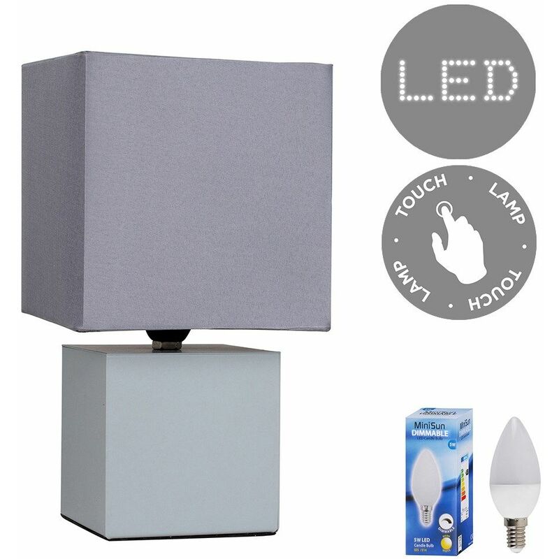 Modern Cube Touch Dimmer Bedside Table Lamp With A Cotton Light Shade & Dimmable LED Candle Bulb - Grey - Minisun