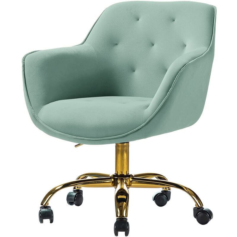 Modern Cute Mid-Back Desk Chair Velvet Office Chair with Gold Base Adjustable Swivel Computer Task Chair for Living Room Bedroom Study Vanity, Sage