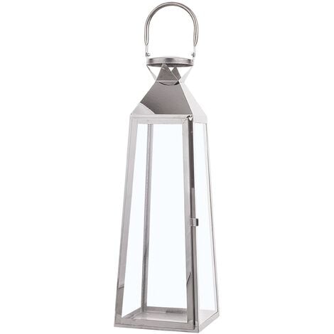 Modern Decorative Candle Lantern Lamp Metal Glass 42 cm Silver Crete - Silver