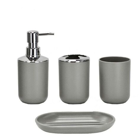 Modern Design 4 Piece Bathroom Accessories Set Lotion Bottles, Toothbrush Holder, Tooth Cup, Soap Dish, Gray-Four