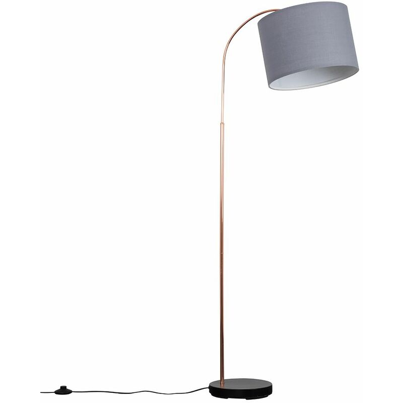 Copper / Black Curved Floor Lamp + Grey Shade 6W LED Bulb Warm White