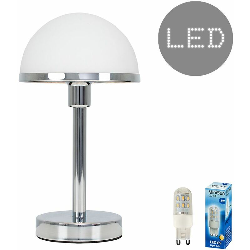 Chrome & White Glass Touch Dimmer Table Lamp - 3W LED Dimmable G9 Bulb Warm White