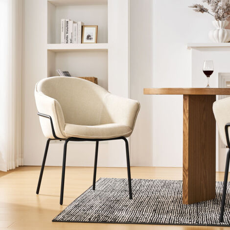 Modern Dining Chair with Armrests 1PCS Upholstered Chairs for Dining Room, Living Room, Ergonomic with Contoured Backrest and Metal Legs Fabric Beige