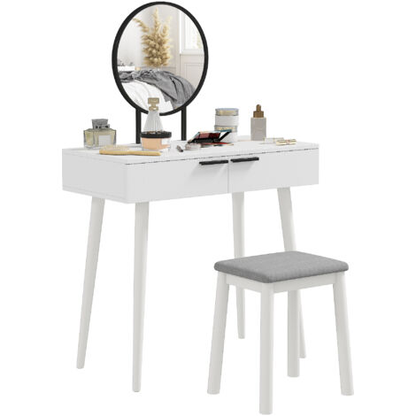 Modern Dressing Table with Round Mirror and Stool, Makeup Vanity Table with 2 Drawers for Bedroom, Living Room, 80 x 40 x 123 cm, White