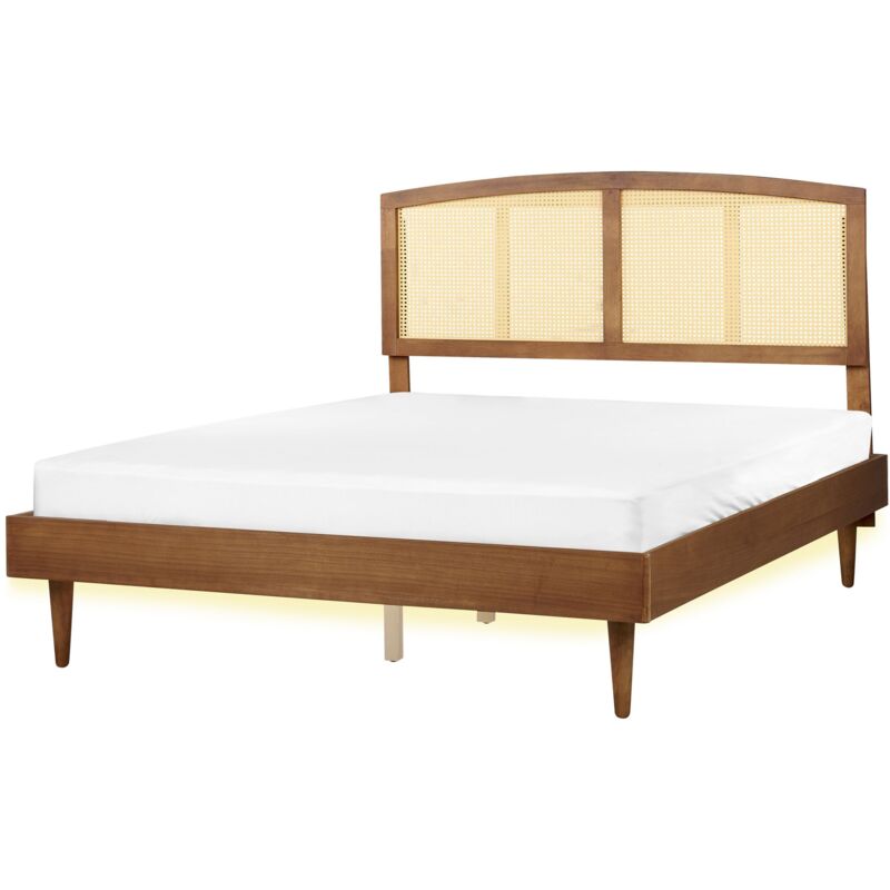 Beliani Bed With Led Rattan Varzy 160 X 200 Cm (eu King Size) Brown