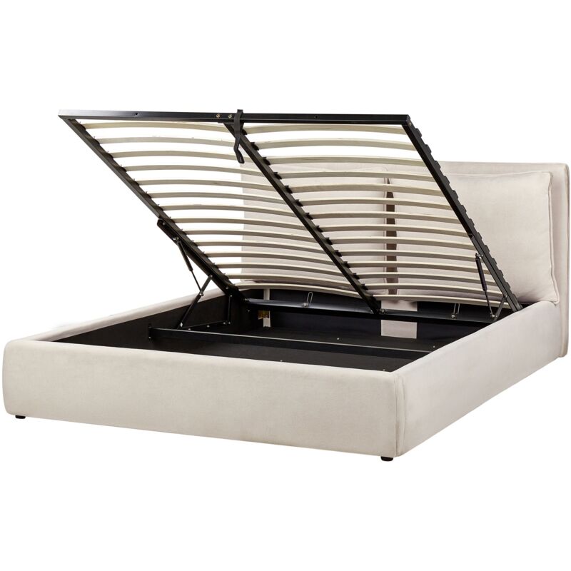 Beliani Modern Fabric Eu King Size Bed Frame 5ft3 Storage Upholstered Light Beige Bajonna