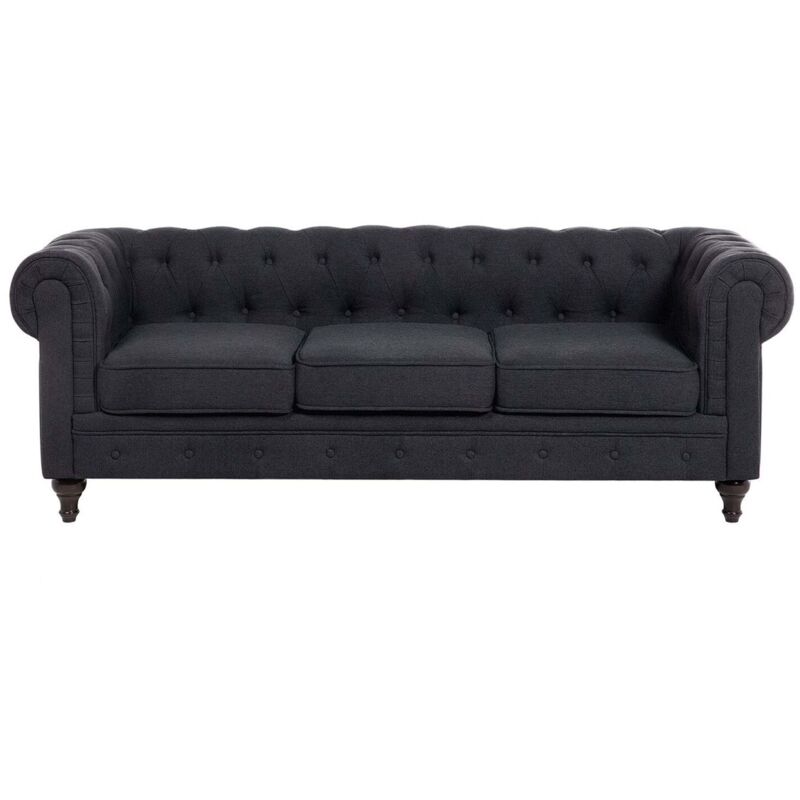 Modern Fabric Sofa 3 Seater Button Tufted Scroll Arms Graphite Chesterfield - Grey