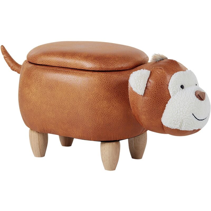 Modern Faux Leather Stool Distressed Solid Wood Animal Brown Monkey - Brown