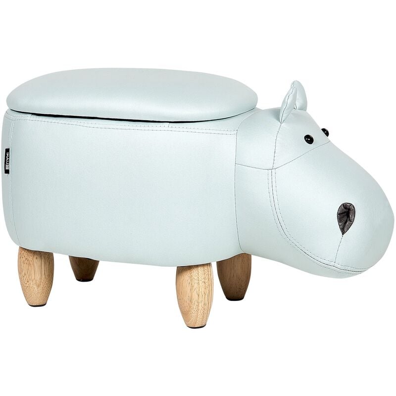 Modern Faux Leather Stool Light Blue Upholstery Storage Solid Wood Animal Hippo - Blue