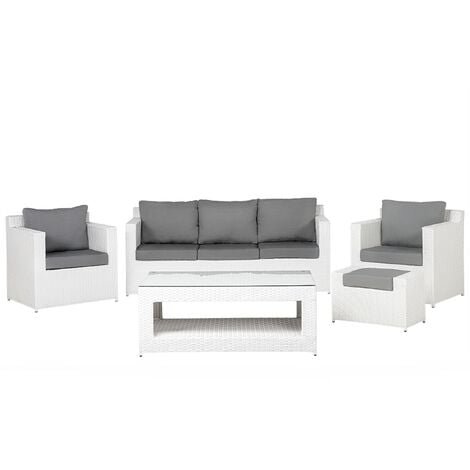 Modern Faux Rattan Outdoor Garden 5 Piece Conversation Sofa Set White Roma - White