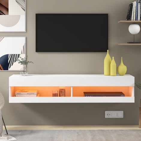 Modern Floating TV Stand with LED Lights Wall Mounted High Gloss Center Media Console Storage Shelf for up to 65" TV