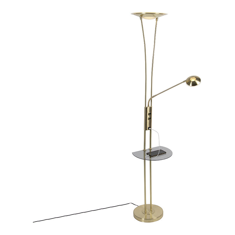 Gold floor lamp with reading arm incl. LED and USB port - Seville