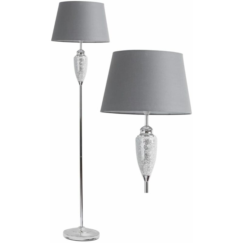 Mirrored Crackle Glass Floor Lamp With Grey Shade 80888