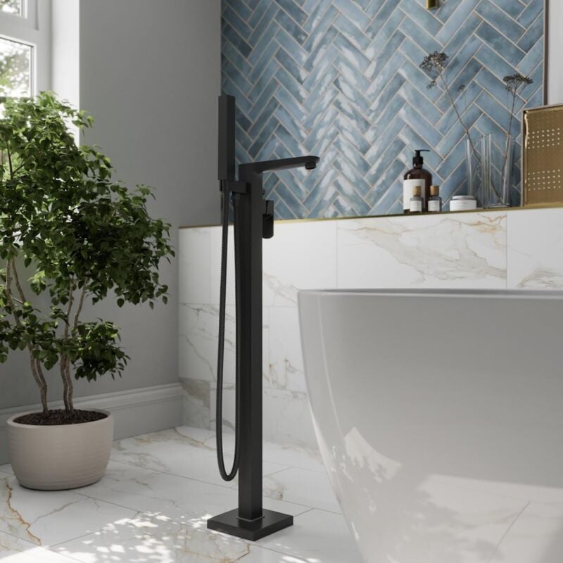 Modern Freestanding Bathroom Shower Bath Mixer Tap Handheld Hose Matt Black - Black