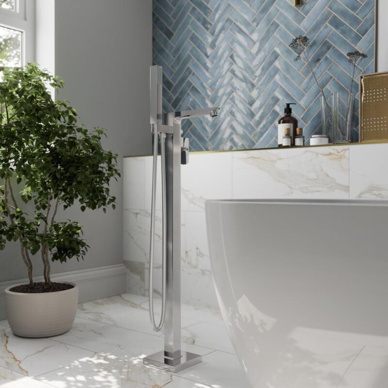 Modern Freestanding Bathroom Shower Bath Mixer Tap Handheld Hose Matt Chrome - Silver