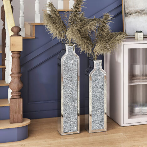 Modern Glam Mirrored Crystal Floor Vase Set of 2 - Tall Decorative Vases with Crushed Diamond Inlay for Living Room, Entryway Home Accent