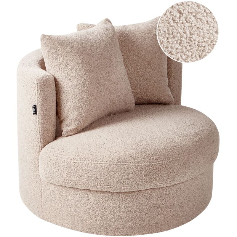 Beliani - Modern Glam Round Back Armchair Boucle Swivel Iron Base Beige Dalby