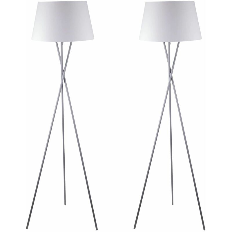 Pair Grey Tripod Floor Lamp with White Fabric Shade